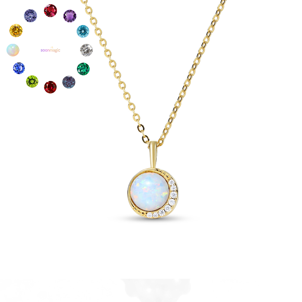 Round Cut Birthstone Necklace with Crescent Moissanite Accents