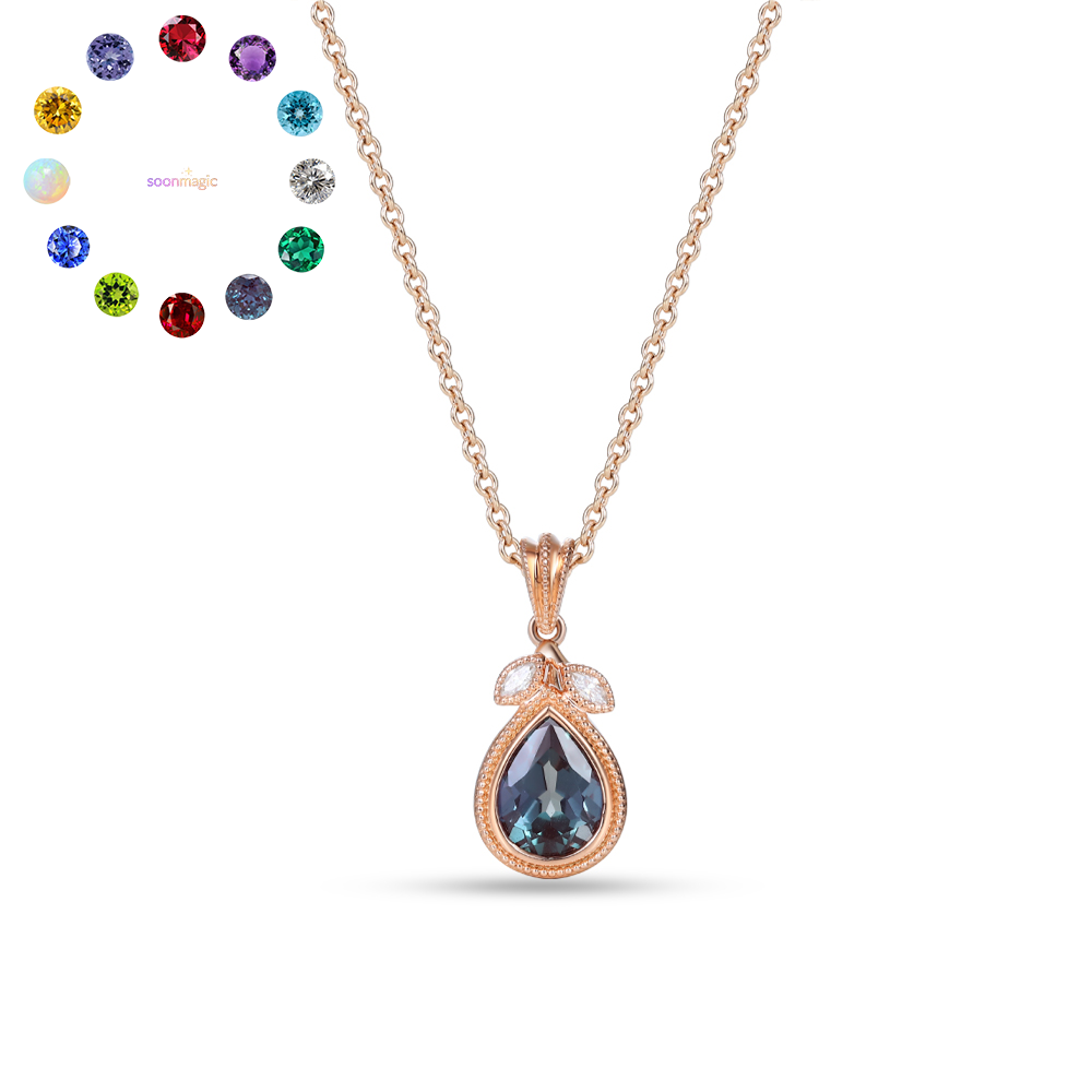 Pear Cut Birthstone Necklace with Delicate Leaf Design