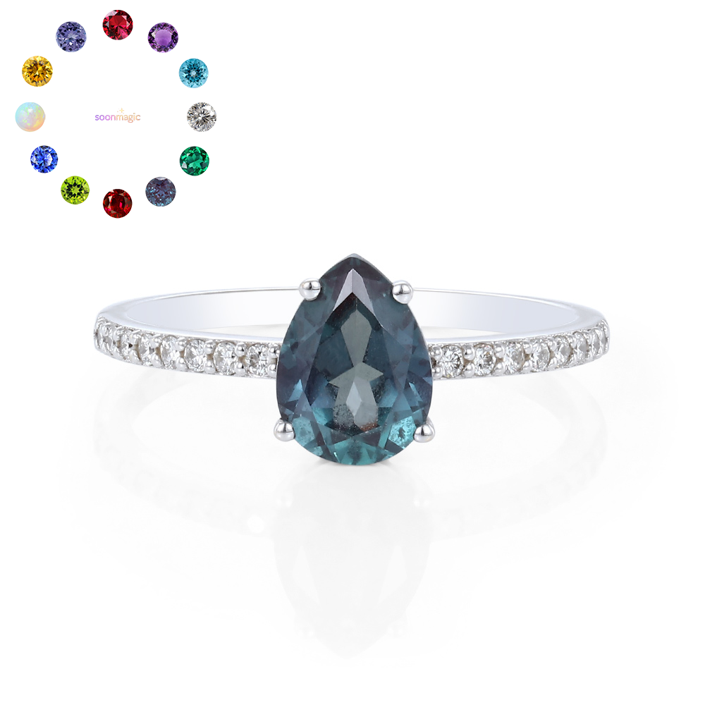 Pear Cut Birthstone Ring with Pavé Band Timeless Elegance