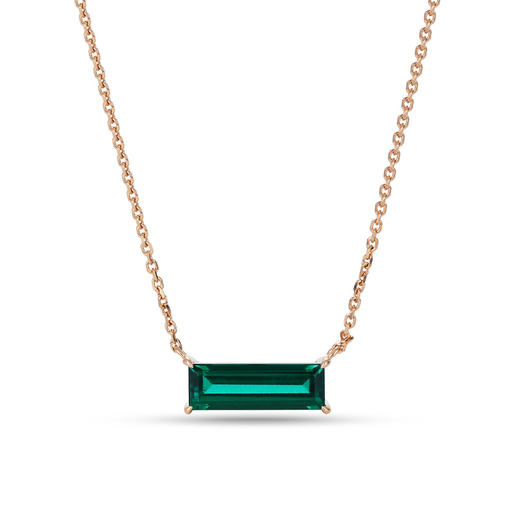 Baguette Cut Emerald Pendant Necklace Minimalist Solitaire Design