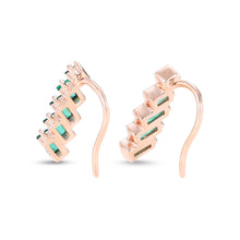 Baguette & Princess Cut Teal Emerald Earrings in Rose Gold