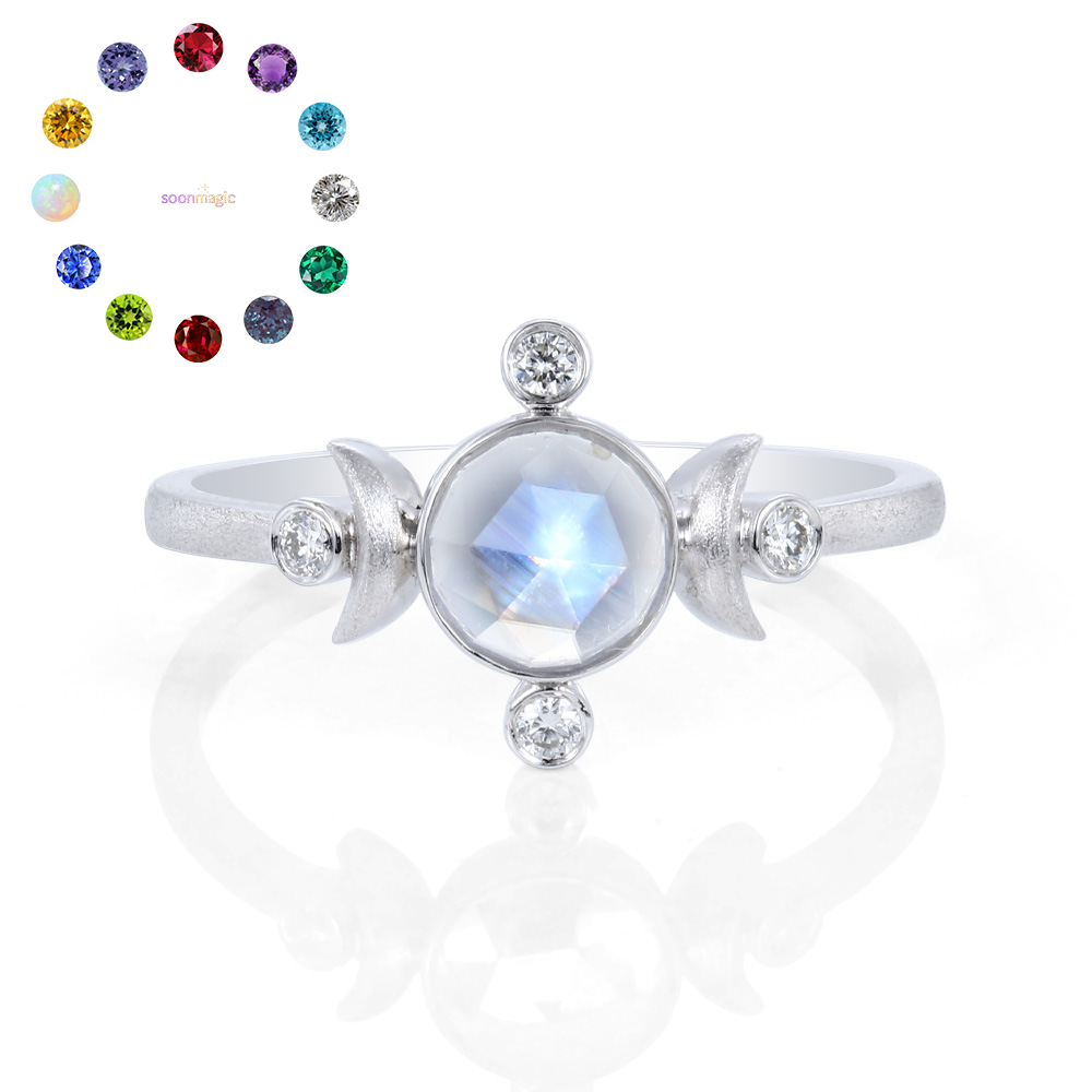 Celestial Elegance Round Cut Birthstone Ring with Crescent Moons