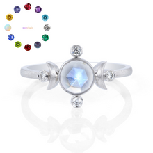 Celestial Elegance Round Cut Birthstone Ring with Crescent Moons
