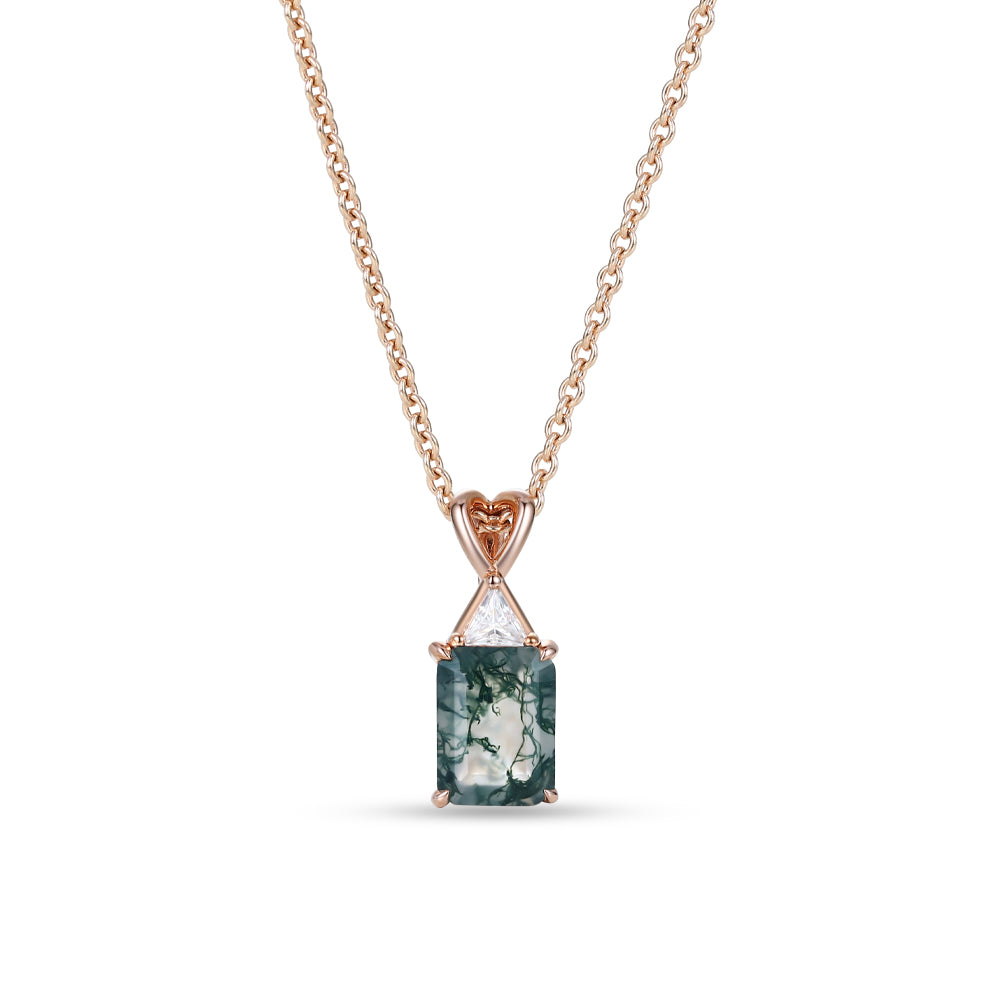 Emerald Cut Moss Agate Pendant Necklace with Heart Shaped Bail