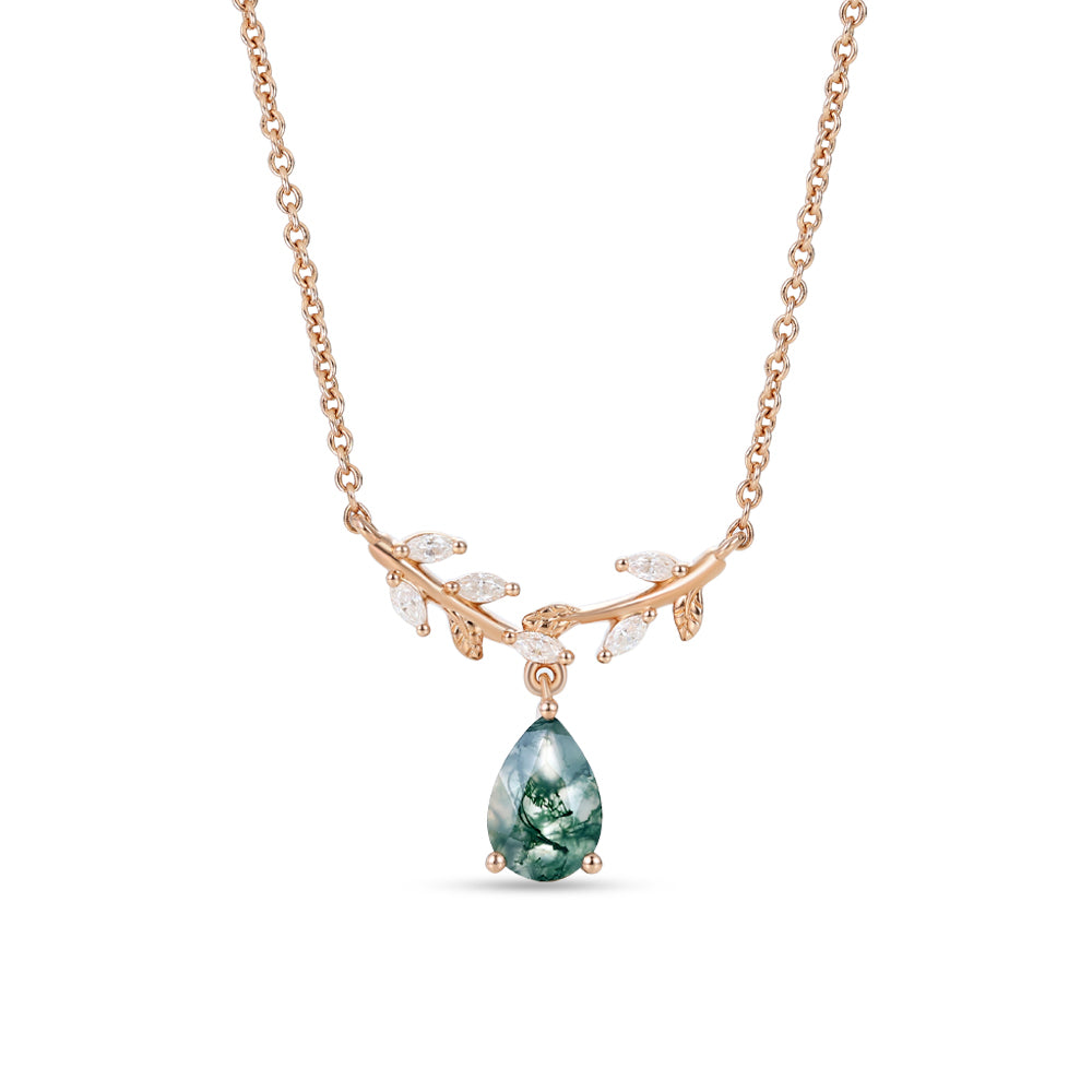 Pear Cut Moss Agate Branch Necklace with Moissanite Leaf Accents
