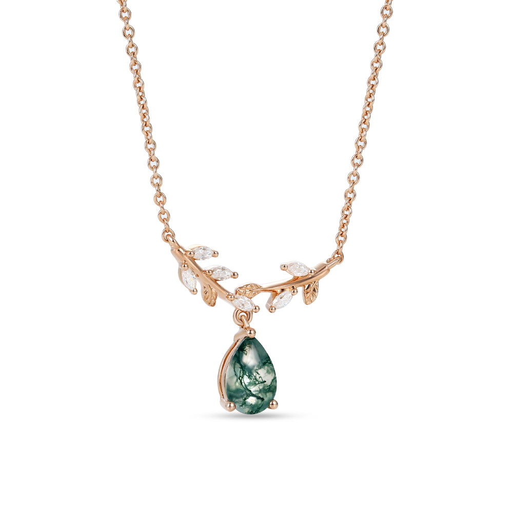 Pear Cut Moss Agate Branch Necklace with Moissanite Leaf Accents