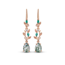Pear Cut Moss Agate Drop Earrings with Emerald & Moissanite Accents
