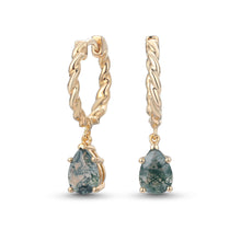 Pear Cut Moss Agate Twisted Hoop Earrings in Yellow Gold