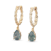 Pear Cut Moss Agate Twisted Hoop Earrings in Yellow Gold