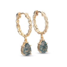 Pear Cut Moss Agate Twisted Hoop Earrings in Yellow Gold