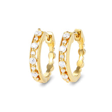 Round Cut Moissanite Milgrain Hoop Earrings in Yellow Gold