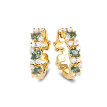 Round Cut Moss Agate & Moissanite Scalloped Hoop Earrings in Yellow Gold